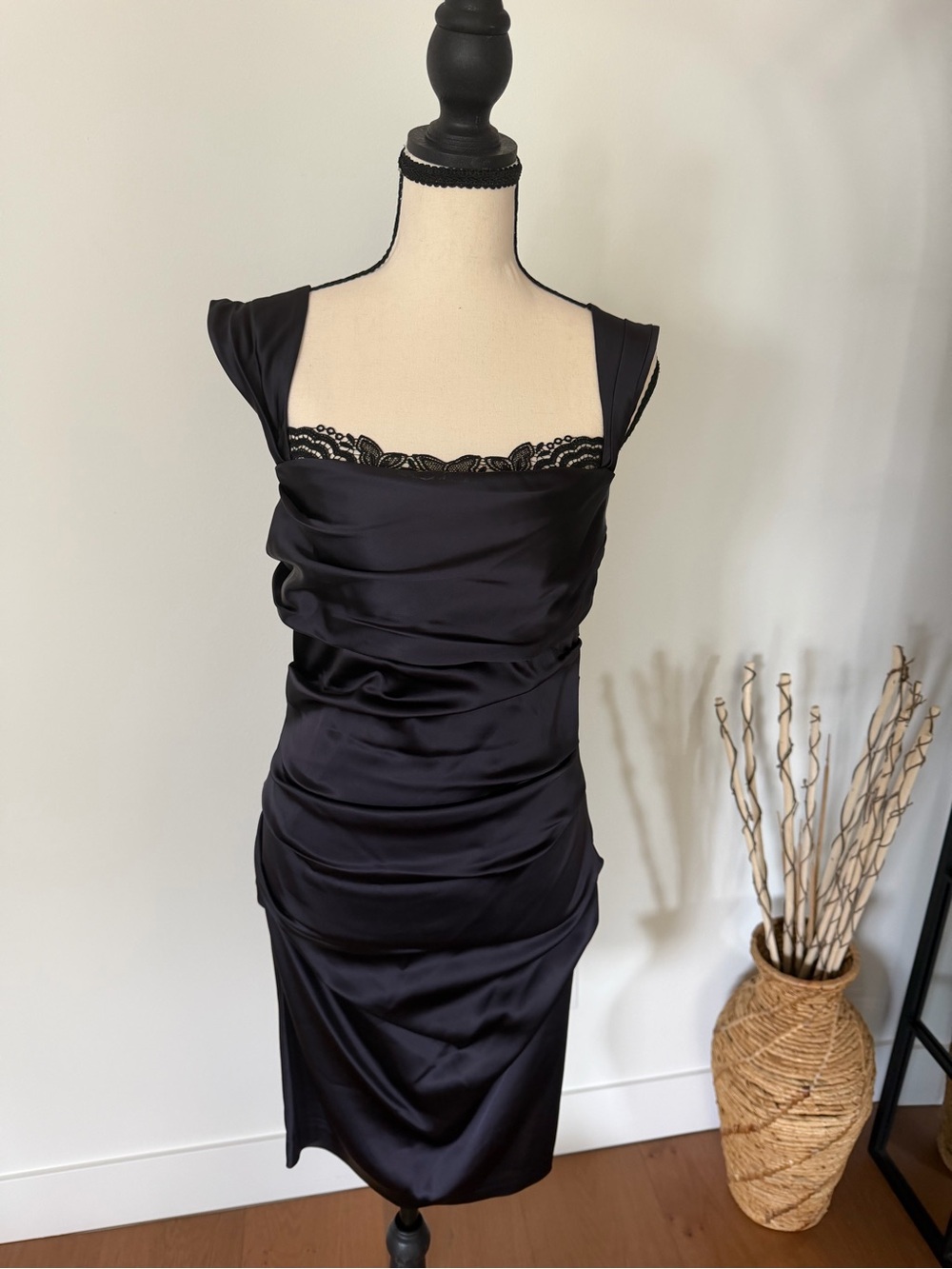 Suzi Chin for Maggy Boutique Black Satin Lace-Trim Chemise